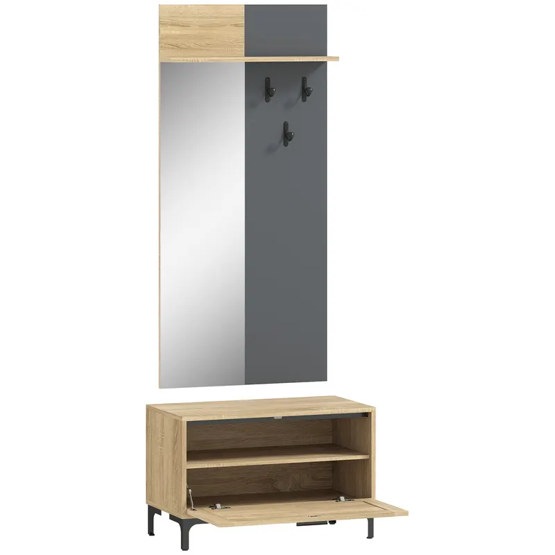 HOMCOM Set garderobă pentru hol, bancă pentru pantofi, oglindă, 3 cârlige, raft deschis, mobilier de hol, Lemn natural+Gri | Romania