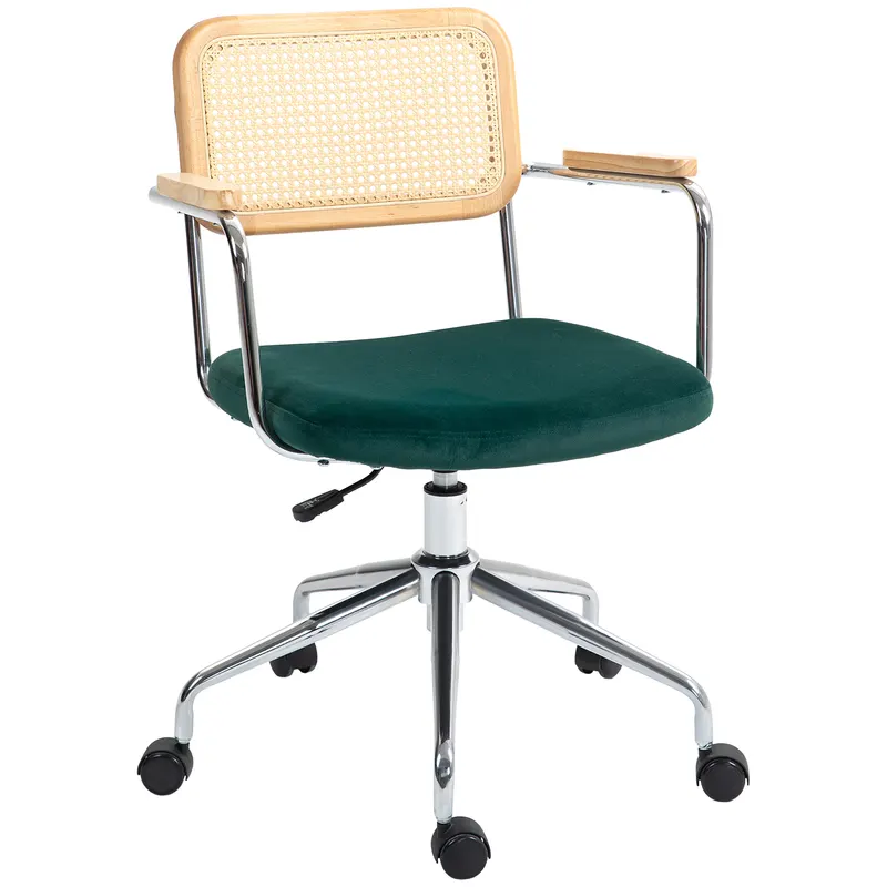 HOMCOM Scaun de birou, design boho, brațe din lemn, rotativ, reglabil, până la 120 kg, oțel, Verde | Romania