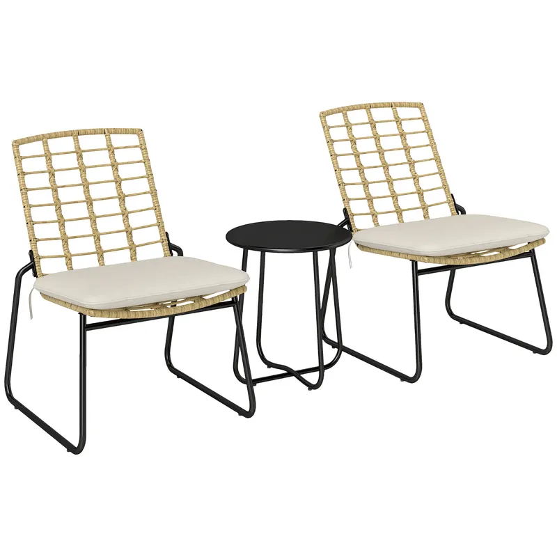 Outsunny Set mobilier de grădină, 3 piese, 2 scaune din ratan, 1 masă cu blat metalic, perne pentru șezut, set bistro, Bej & Maro | Romania