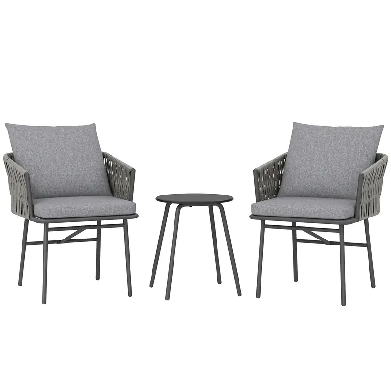 Outsunny Set mobilier exterior 3 piese, 2 scaune, 1 masă, set bistro, rattan sintetic, cadru din oțel, masă metalică, 4 perne, gri | Romania