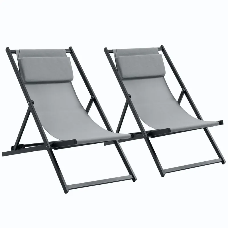 Outsunny Set 2 Scaune Fotoliu Sezlong pentru Exterior, Pliabile si Rabatabile, din Aluminiu, Gri, 96.5 x 58 x 91.5cm | Romania
