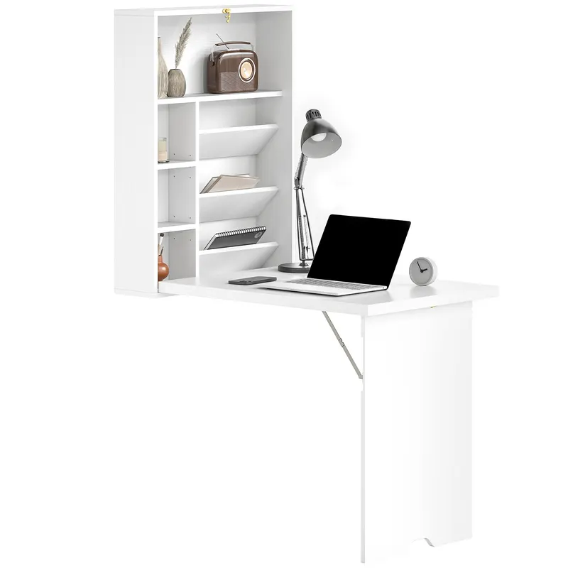 HOMCOM Birou pliabil de perete, masă de perete pliabilă cu rafturi pentru living, sufragerie, birou, 93,8 x 60 x 147 cm, alb | Romania