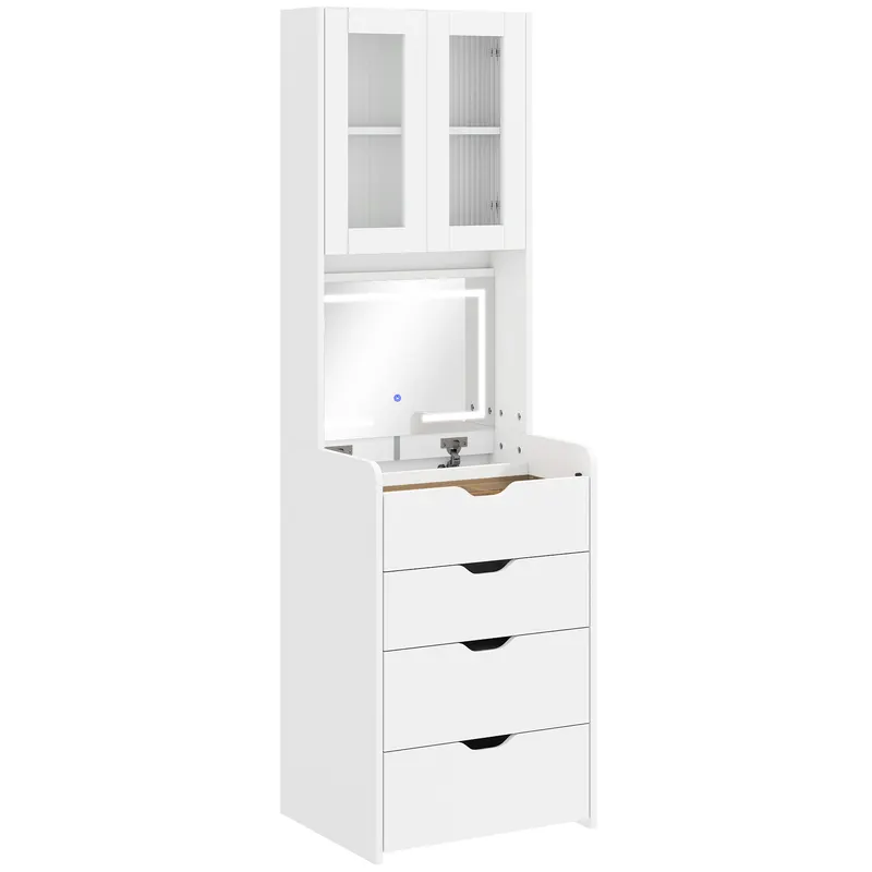 HOMCOM Stație de Machiaj cu Lumini LED în 3 Culori, Oglindă Rabatabilă, Scaun Ascuns, Măsuță de Machiaj cu Scaun Îmbunătățit, 3 Sertare, Compartiment, Dulap cu Uși din Sticlă, Modern, Alb | Romania