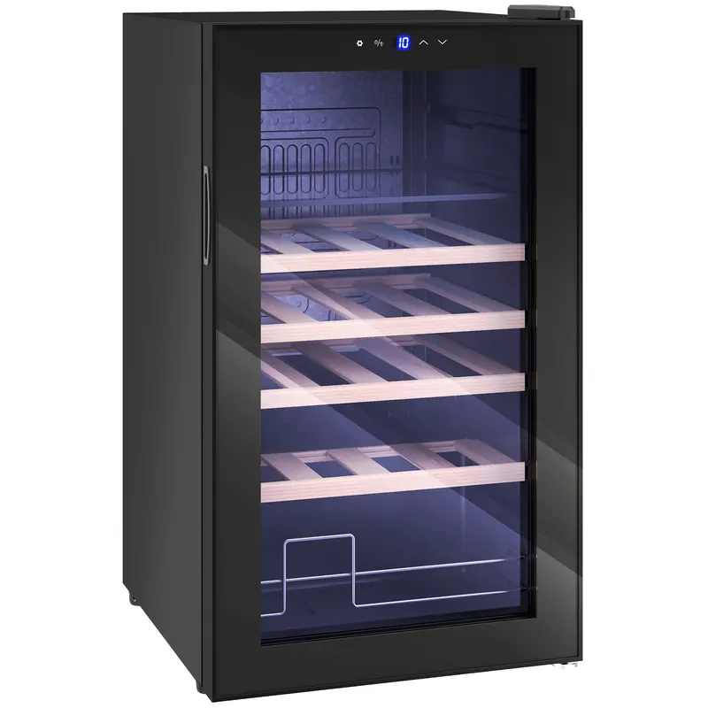 HOMCOM Vitrină Frigorifică pentru Vinuri de 63L cu Rafturi Reglabile pentru 16 Sticle și 25 Doze, Vitrină pentru Vinuri din Oțel, Lemn și Sticlă Temperată, 43x45x74 cm, Negru | Romania