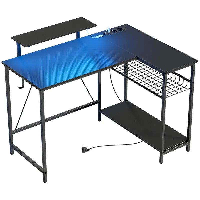 HOMCOM Birou Gaming Reversibil în L cu LED, 114,5x82 cm Birou Colțar cu Prize Electrice, Suport pentru Monitor și Rafturi Reglabile din Rețea, Stație Gaming pentru Acasă, Birou sau Studiu, Negru | Romania