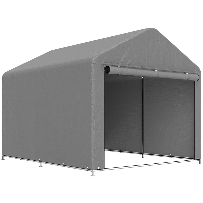 Outsunny 2x2.4 m Cort pentru Depozitare în Grădină, Cort Garaj cu Acoperire Impermeabilă, Ușă Rulabilă cu Fermoar, pentru Biciclete și Unelte, Metal Zincat, Gri Deschis | Romania