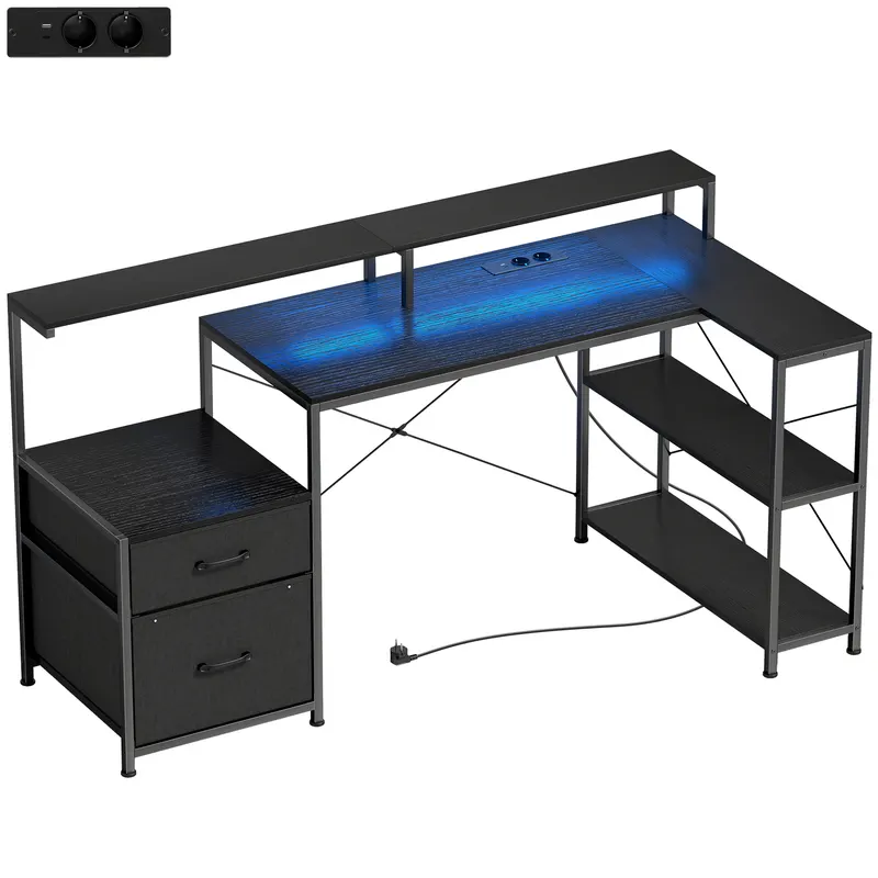 HOMCOM Birou Gaming în formă de L cu prize multiple, LED-uri, 165x80 cm, birou PC cu 2 sertare din material textil, 2 rafturi deschise, măsuță laterală și 2 suporturi monitor, din PAL și oțel, Negru | Romania