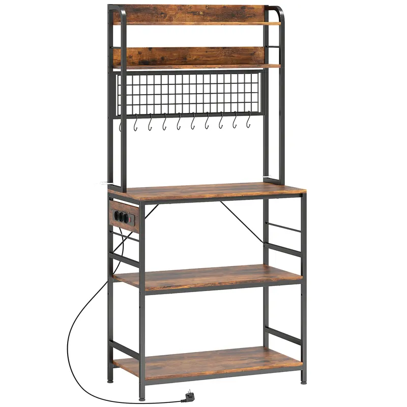 HOMCOM Raft de Bucătărie cu Prize și Rafturi Reglabile, Raft pentru Cuptor cu Microunde cu 5 Niveluri, Panou cu Grilaj și 10 Cârlige, Mobilier Vintage Structură din Oțel, 80x40x170 cm, Maro Rustic | Romania