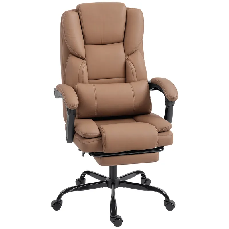 Scaun de birou ergonomic HOMCOM reclinabil 140° cu reposapiede și pernă, scaun de birou din piele ecologică anti-zgârieturi, ușor de curățat, brațe îmbunătățite, pivotant și reglabil pe înălțime, maro | Romania