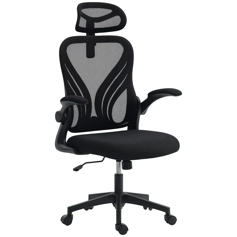 HOMCOM Scaun de Birou Ergonomic cu Brațe Rabatabile și Spătar Pliabil, Scaun de Birou cu Funcție Balansoar, Tetieră Reglabilă, Șezut Rotativ, Negru | Romania