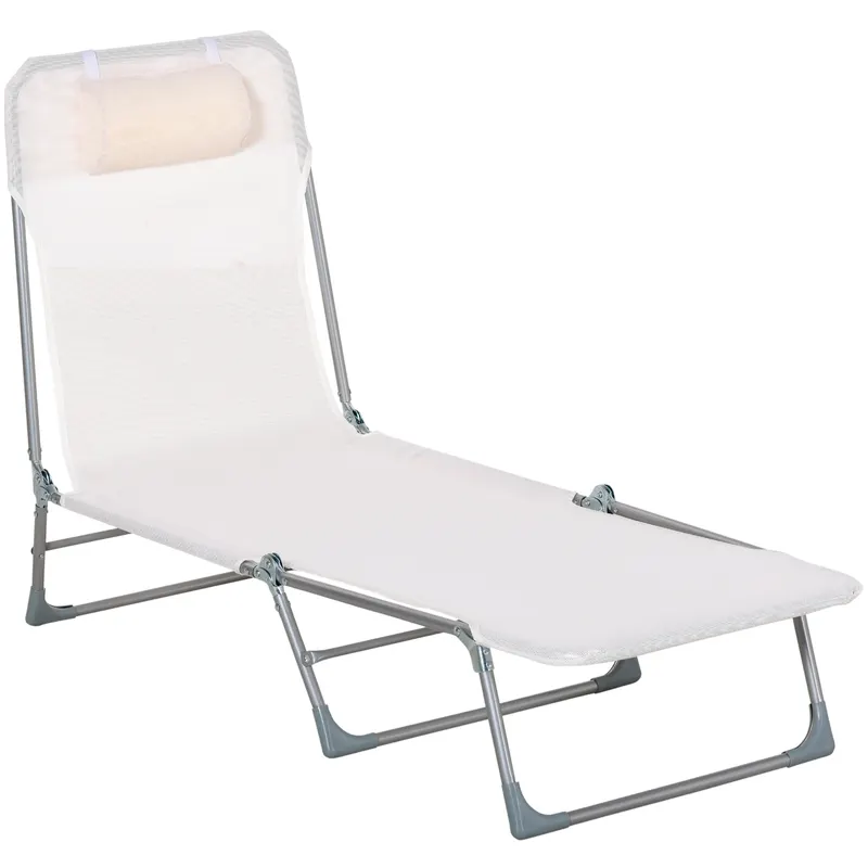 Outsunny Șezlong Pliabil cu Spătar Reglabil pe 5 Nivele și Pernă, Șezlong de Grădină cu Material Texteline, pentru Plajă, Piscină, Grădină, 182x56x28 cm, Crem | Romania