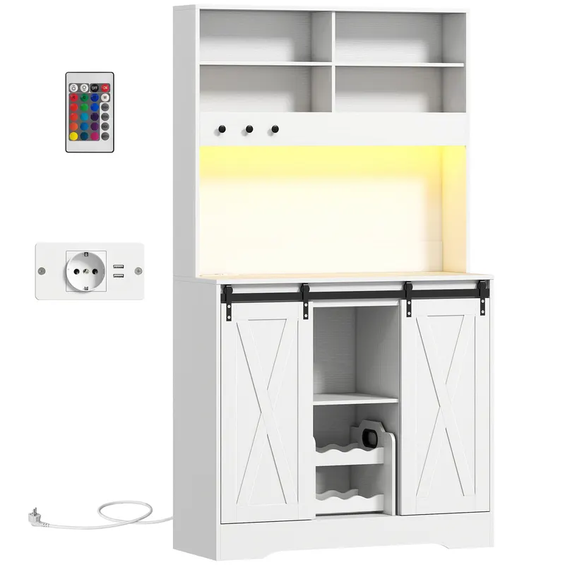 HOMCOM Servantă de Bucătărie Rustică 180 cm, Dulap cu Priză de Alimentare, Lumini LED, Suport pentru Sticle, Suprafață pentru Cuptor cu Microunde, Rafturi Deschise, Uși Glisante, Orificiu pentru Cabluri, Alb | Romania