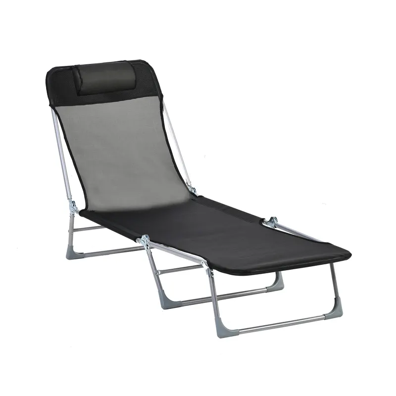 Outsunny Șezlong Pliabil cu Spătar Reglabil pe 5 Nivele și Pernă, Șezlong de Grădină cu Material Respirabil Textilen, pentru Plajă, Piscină, Grădină, 182x56x28 cm, Negru | Romania