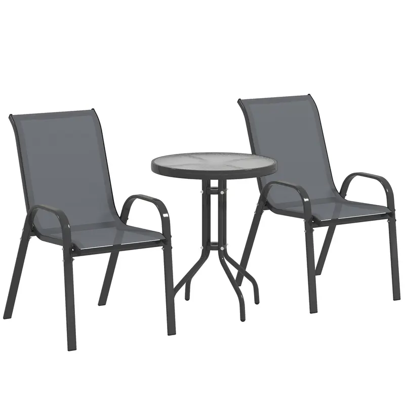 Outsunny Set Mobilier de Grădină din 3 Piese cu Scaune Suprapozabile și Masă din Sticlă, 54x71x93 cm, Gri Închis | Romania