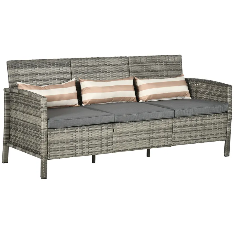 Outsunny Canapea pentru Exterior Gradina sau Terasa cu 3 locuri dim Ratan cu perne si dungi, Gri 173x68x78cm | Romania