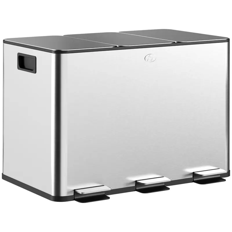 HOMCOM Coș de Gunoi cu 3 Compartimente de 20L, Cu Pedală, Capace cu Închidere Silențioasă, Oțel Inoxidabil și PP, 61,9x36,6x56,7 cm, Argintiu | Romania