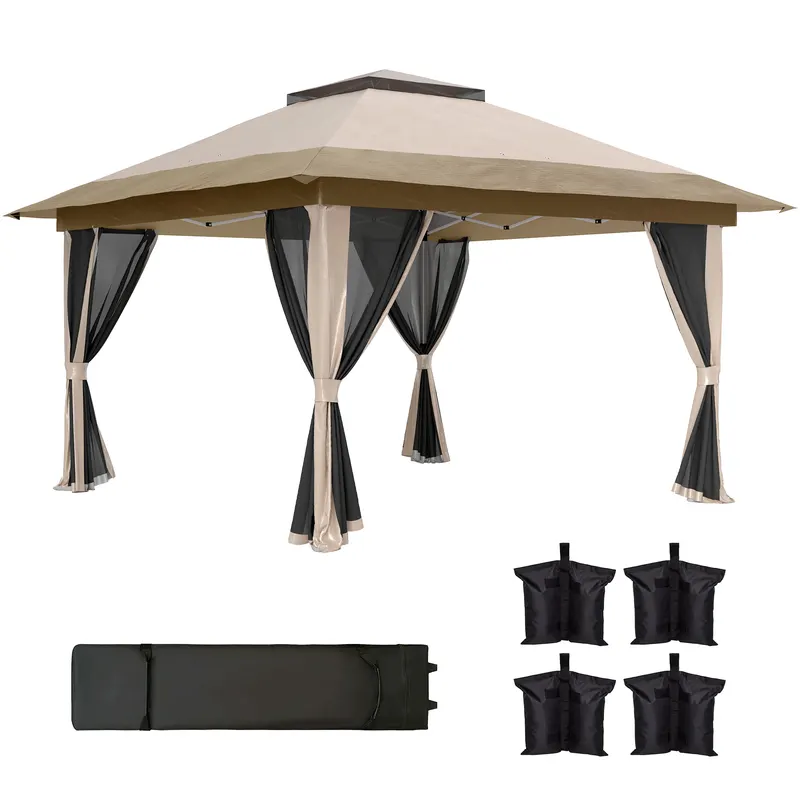 Outsunny Pavilion pliant 3,6x3,6 m cu pereți laterali din plasă UPF50+, înălțime reglabilă, geantă cu roți și saci cu nisip, bej | Romania