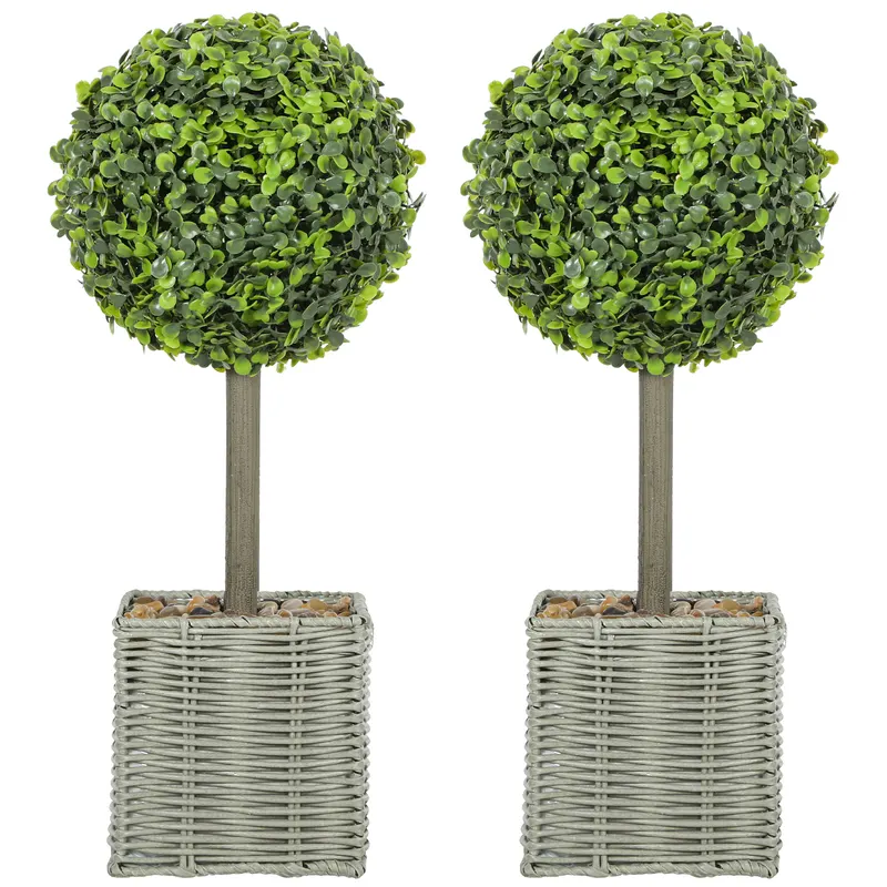 HOMCOM Set de 2 plante artificiale decorative, bile de buxus artificial 50 cm cu ghiveci din plastic împletit și pietre, verde | Romania