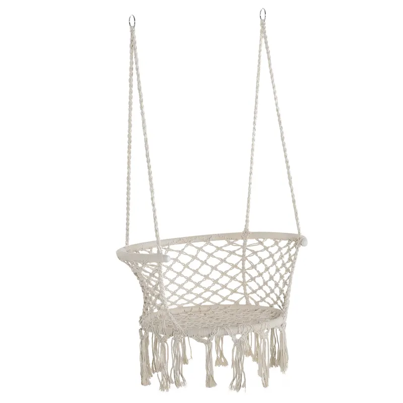 Outsunny Scaun Suspendat Stil Boho Chic din Poliester și Macramé, Crem, Design Confortabil pentru Interior și Exterior, 80x60x36 cm | Romania
