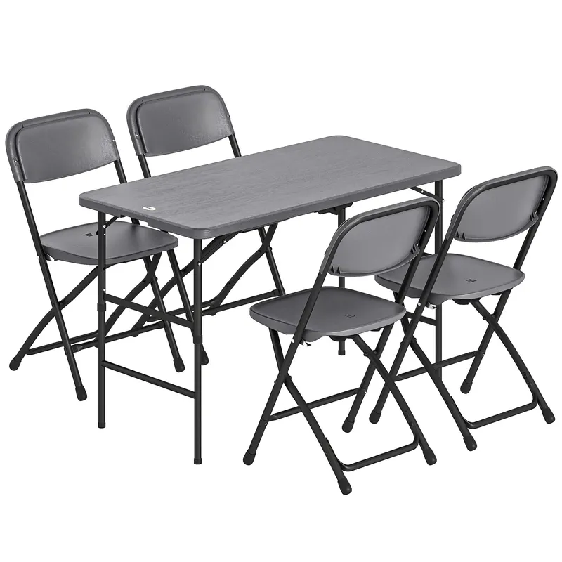 Outsunny Set Masă și Scaune Pliabile de Grădină, 5 Piese, Masă Reglabilă cu Blat HDPE Efect Lemn și 4 Scaune, Set Mobilier Exterior pentru Terasă și Balcon, Gri Închis | Romania