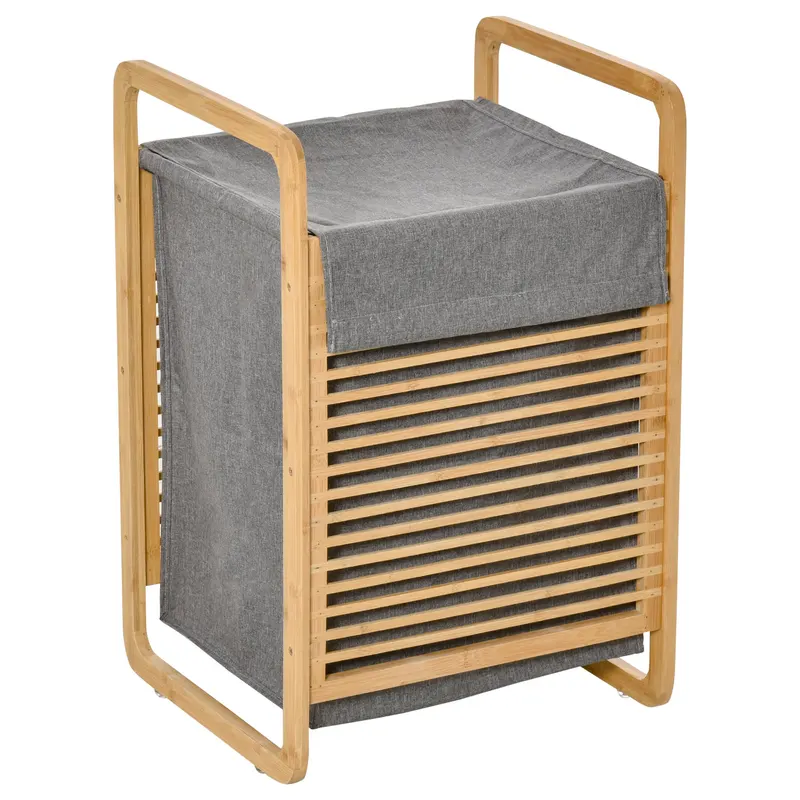 HOMCOM Coș de Rufe Stil Nordic, Mobilier Baie din Bambus și Pânză, Sac Detașabil, 40x35.5x60.5cm, Lemn și Gri | Romania