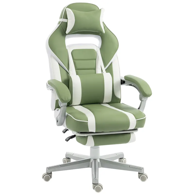 HOMCOM Scaun Gamer Reclinabil cu Înălțime Reglabilă Suport pentru Picioare Retractabil Suport Lombar și Tetieră Detașabilă Verde | Romania