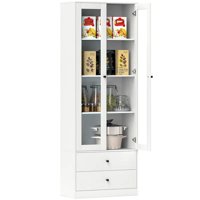 HOMCOM Mobilier de depozitare modern cu dulap cu uși din sticlă, rafturi reglabile și 2 sertare, 59 x 30 x 164 cm, alb | Romania