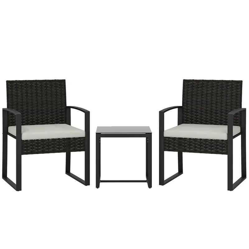 Outsunny Set de Mobilier de Grădină din Ratan Sintetic cu 2 Scaune cu Perne Detașabile și Masă cu Blat din Sticlă, Crem | Romania