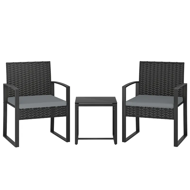 Outsunny Set de Mobilier pentru Grădină din Ratan Sintetic cu 2 Scaune cu Perne Detașabile și Masă cu Blat de Sticlă, Gri | Romania