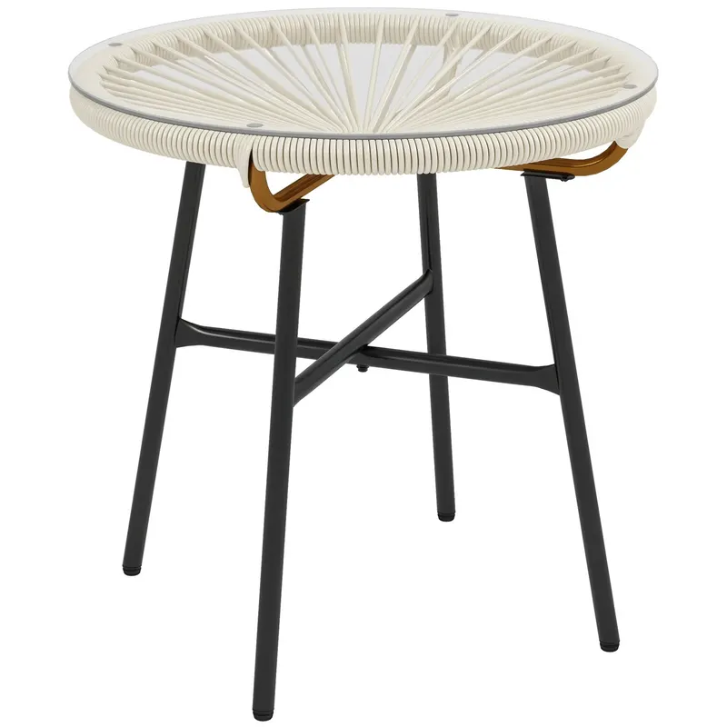 Outsunny Masă de cafea rotundă de grădină din rășină imitație rotin metal și blat sticlă temperată Ø 50 x 50 cm crem | Romania