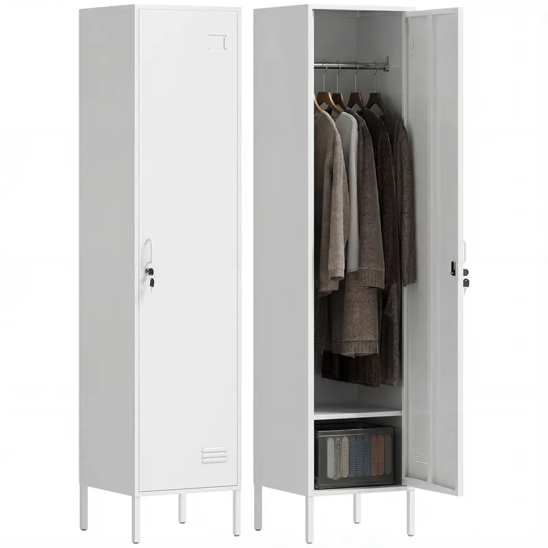 HOMCOM Dulap Metalic Slim cu Ușă Blocabilă și Suport pentru Etichete, Dulap Multi-Funcțional cu Bară pentru Haine, Rafturi, pentru Casă sau Birou, 40x40x179 cm, Alb | Romania