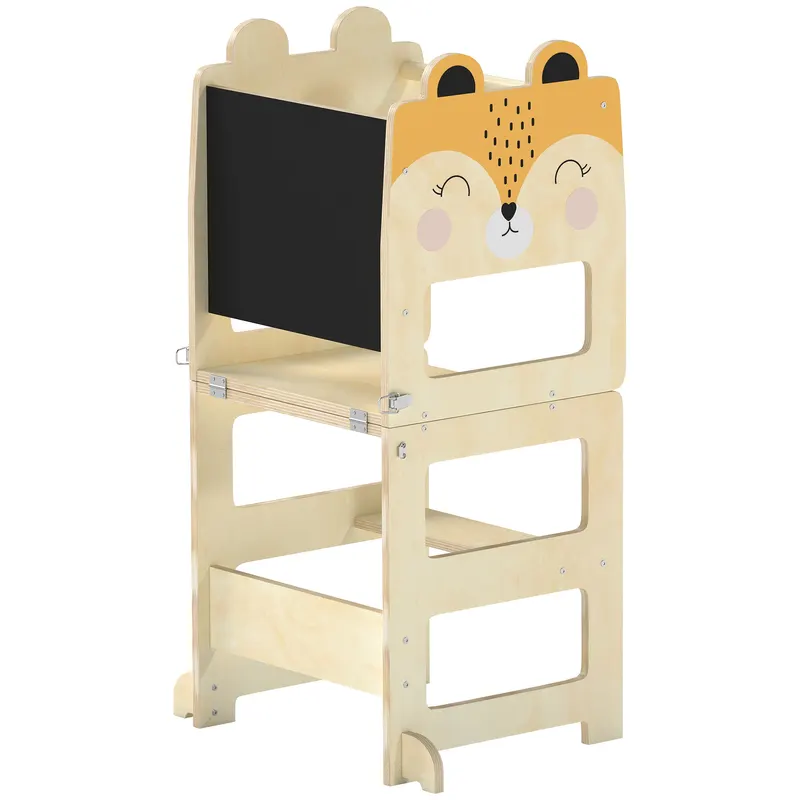 Turn Montessori AIYAPLAY pentru Copii 2-5 Ani cu Tablă și Măsuță, Scăunel pentru Copii din Placaj, 57x39x93 cm, Culoare Lemn | Romania