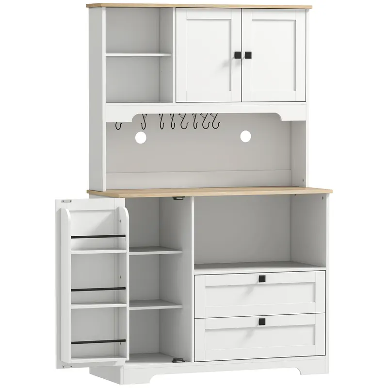 HOMCOM Bufet de Bucătărie Înalt 162 cm, Mobilier de Depozitare cu 2 Dulapuri, 2 Sertare, Suport Condimente, Orificii pentru Cabluri, Rafturi Reglabile, Blat pentru Cuptor cu Microunde, Suporturi pentru Cești, Alb | Romania