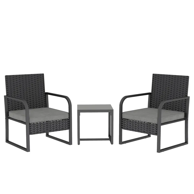 Outsunny Set de Grădină 3 Piese din Rattan PE și Oțel, Set cu 2 Fotolii cu Perne Lavabile și Măsuță de Cafea cu Blat din Sticlă, Set de Mobilier pentru Balcon, Terasă sau Curte, Gri Închis și Negru | Romania