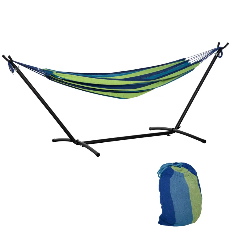 Outsunny Hamac de Grădină Suspendat 310x117 cm cu Înălțime Reglabilă și Suport, Capacitate 120 kg, Hamac Independent cu Geantă de Transport, pentru Camping, Grădină, Balcon, Patio, Verde și Albastru | Romania