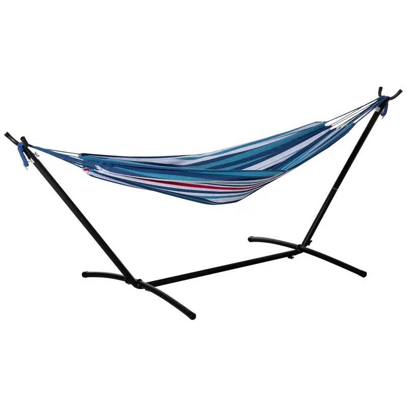 Outsunny Hamac cu Suport 310x117cm pentru Camping cu Înălțime Reglabilă și Geantă de Transport, Capacitate 120 kg, Dungi Albastre și Albe | Romania