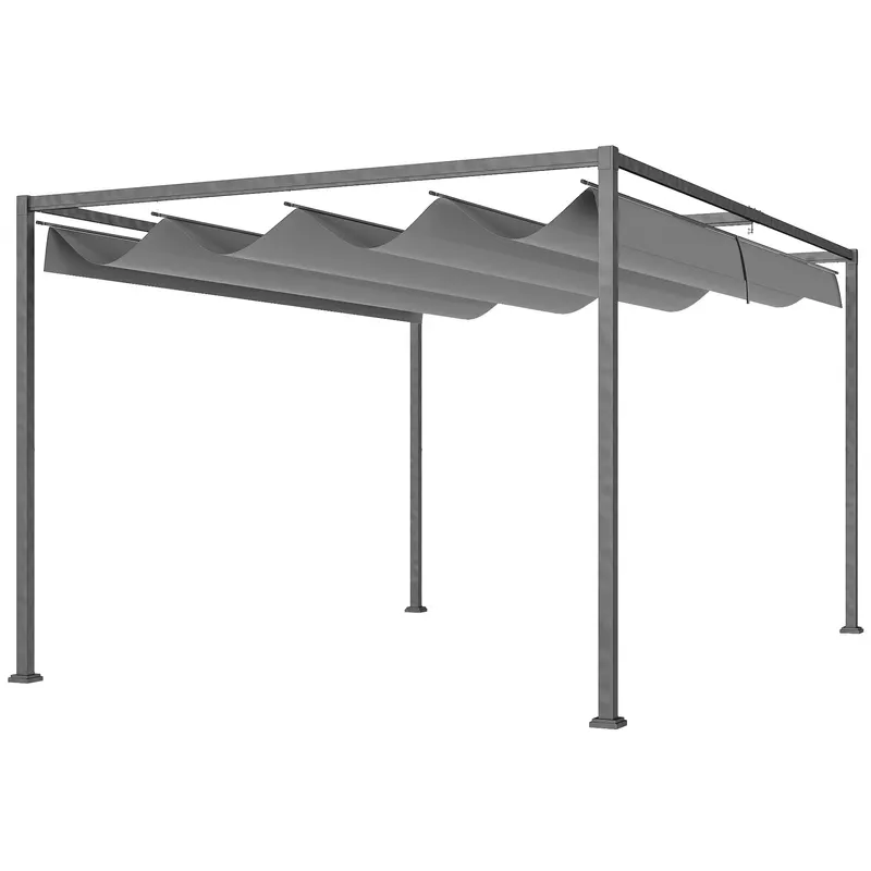 Outsunny Pergolă Gazebo 4x3 m cu Acoperiș Retractabil, Orificii de Drenaj, Țepușe și Șuruburi, Pergolă pentru Grădină din Poliester și Metal, Gri Închis | Romania