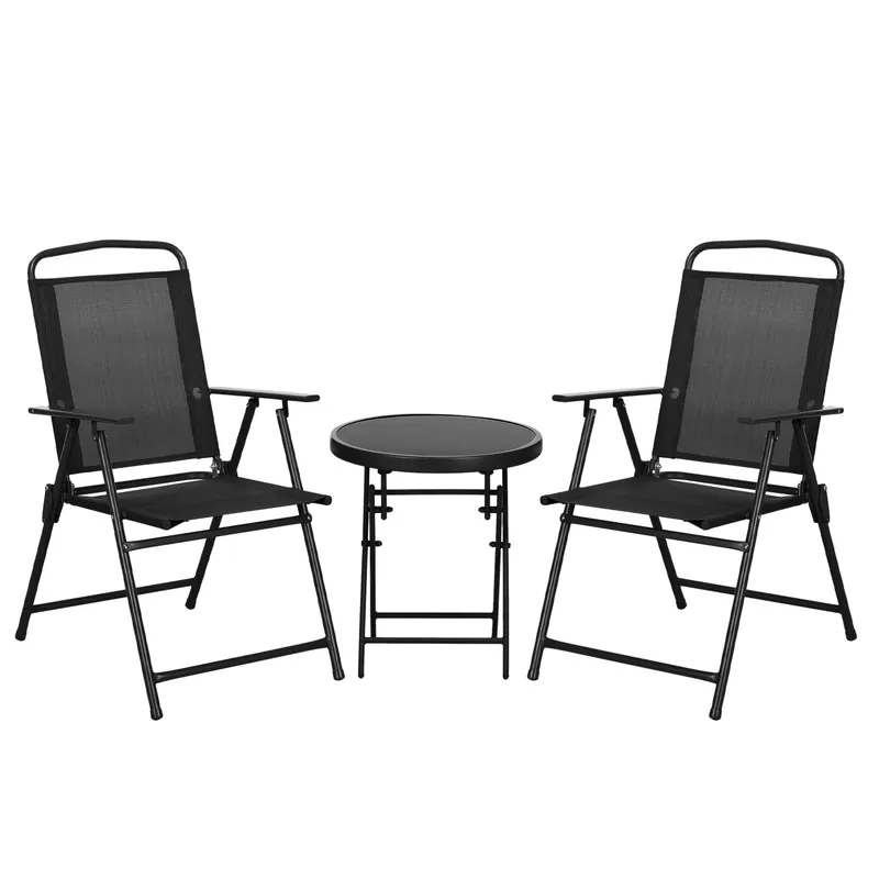 Outsunny Set de Exterior din 3 Piese cu Masă cu Blat din Sticlă și 2 Scaune Pliabile din Plasă, Ф45x50 cm, Gri Deschis | Romania