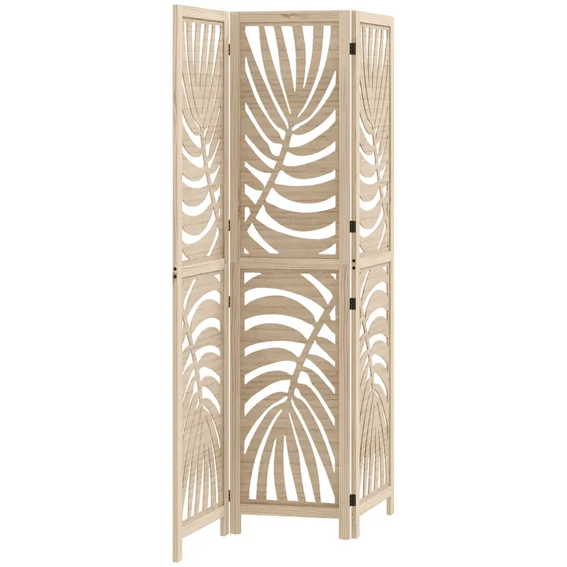 HOMCOM Paravan cu 3 Panouri, Separator Pliabil cu Design Frunze pentru Interior, Finisaj Natural | Romania