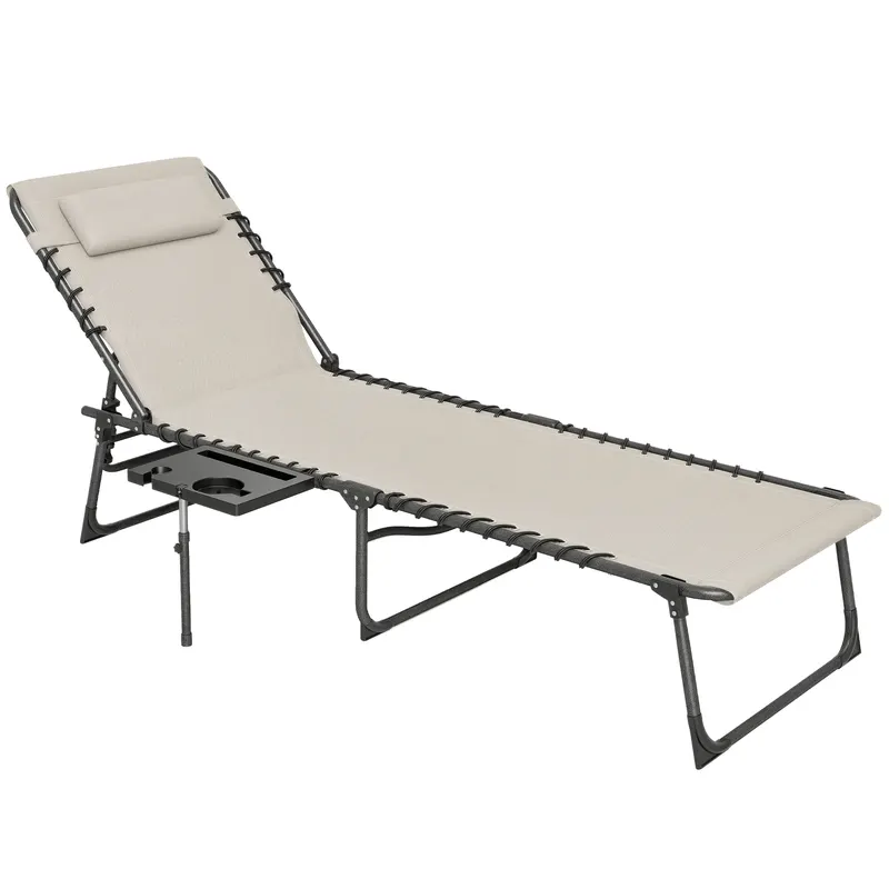 Outsunny Șezlong de Grădină Pliabil și Reglabil în 5 Poziții cu Măsuță Laterală, 60x190x31 cm, Alb Crem | Romania