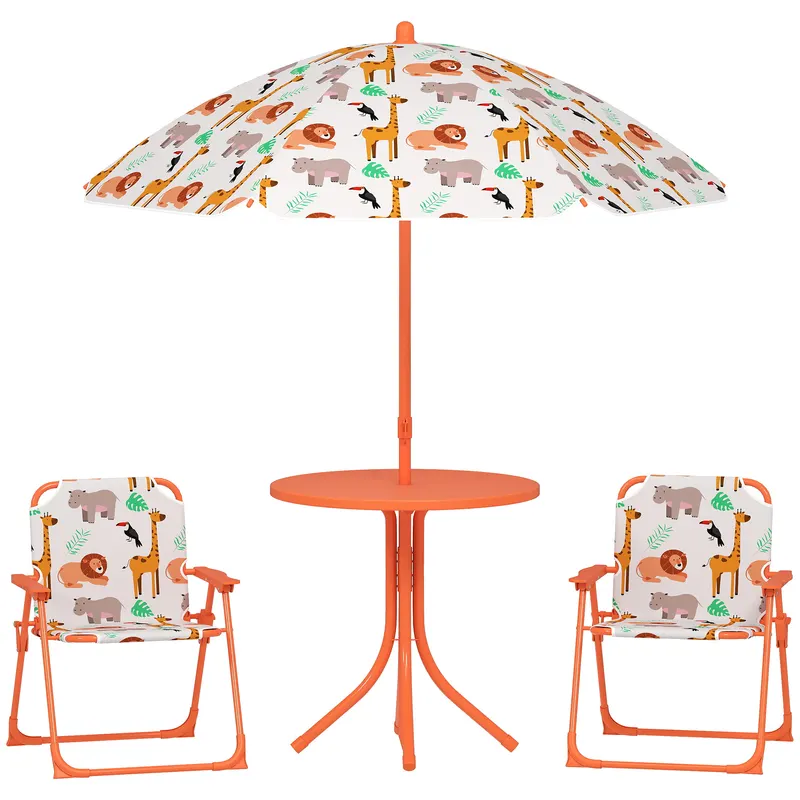 AIYAPLAY Set de Grădină pentru Copii, Masă și Scaune cu Umbrelă, Masă de Picnic pentru Exterior cu 2 Scaune Pliabile pentru Copii de 2-5 Ani, Portocaliu | Romania