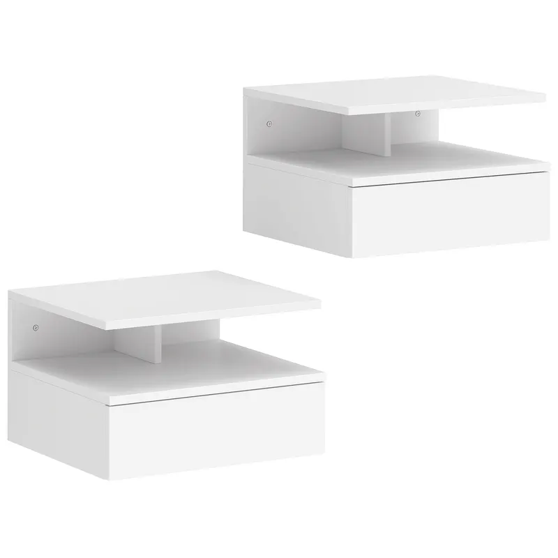 HOMCOM Set de 2 Noptiere Suspendate cu Sertar și Raft Deschis, 35x32x22.5 cm, Alb | Romania