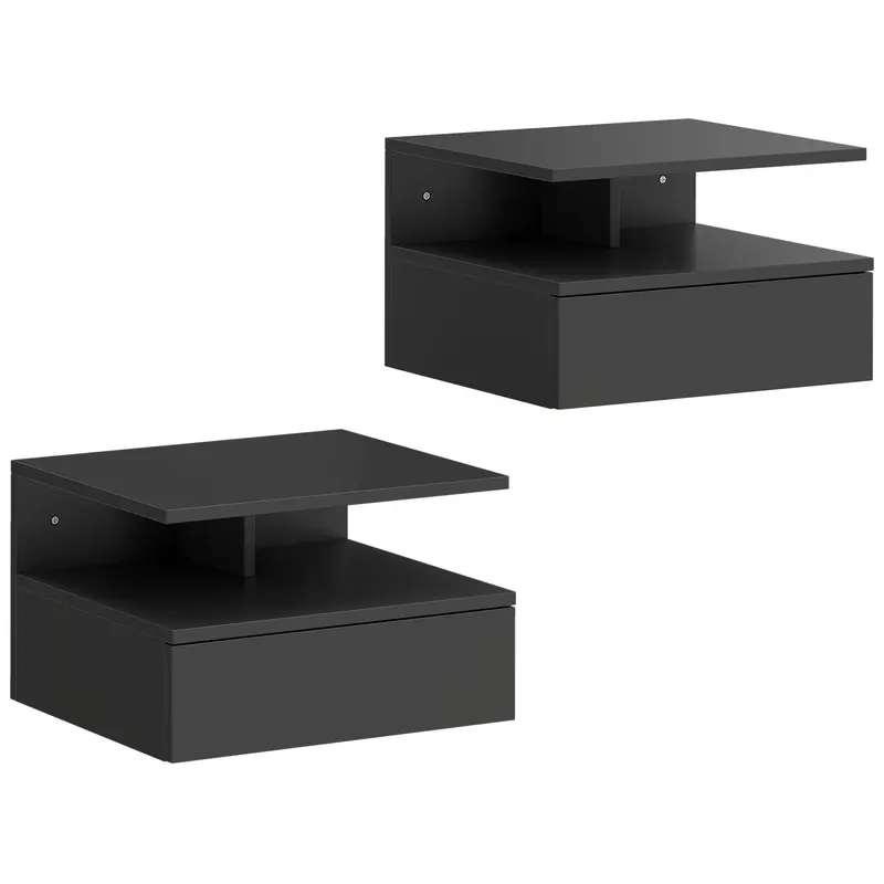 HOMCOM Set de 2 Noptiere Suspendate cu Sertar și Raft Deschis, 35x32x22.5 cm, Negru | Romania