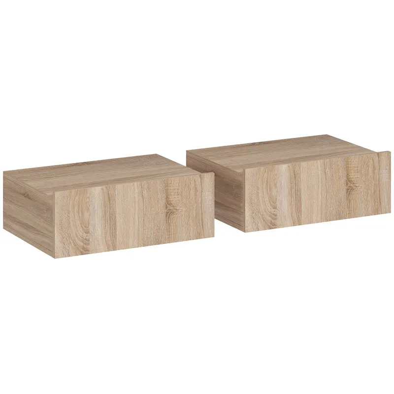 HOMCOM Set de 2 Noptiere Suspendate cu Sertar, Pereche de Noptiere Moderne din Lemn, Mese Laterale pentru Canapea, Living și Dormitor, 40x30x15 cm, Stejar | Romania