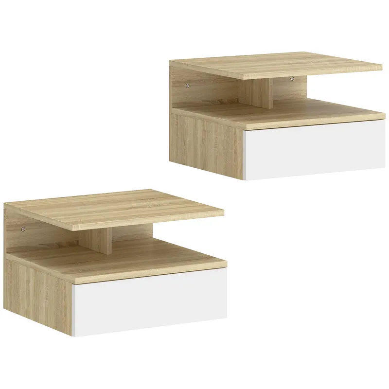 HOMCOM Set de 2 Noptiere Suspendate cu Sertar și Raft Deschis, 35x32x22.5 cm, Alb și Stejar | Romania