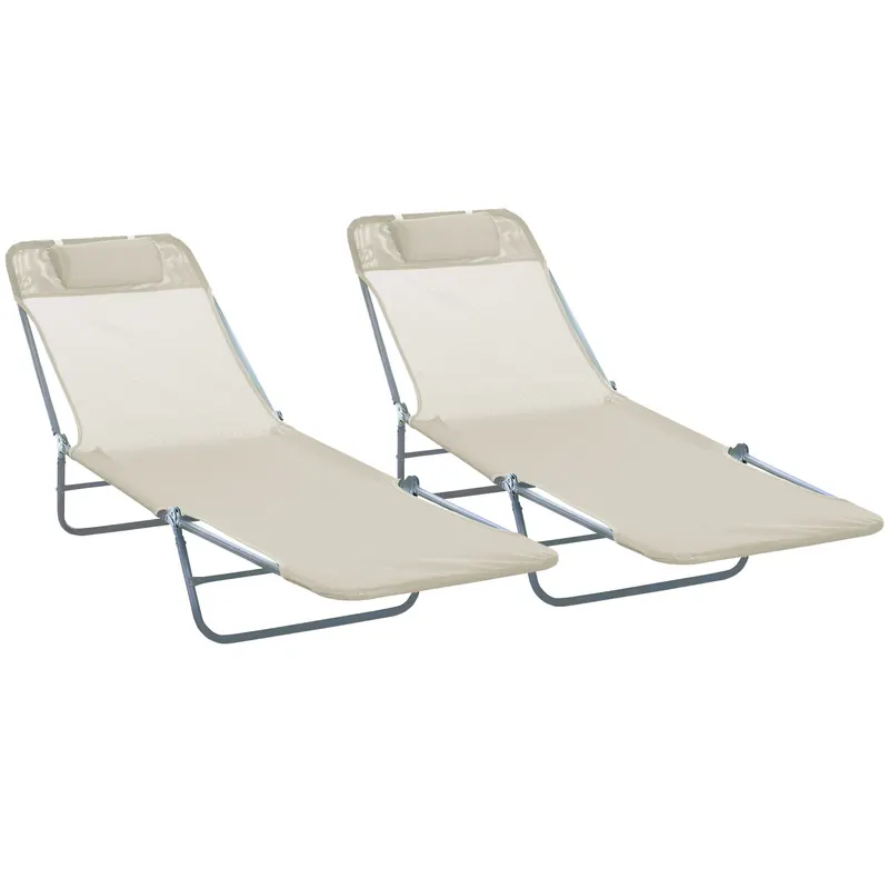 Outsunny Set de 2 Șezlonguri Pliabile pentru Plajă cu Spătar Rabatabil pe 4 Niveluri, Șezlong de Grădină, 137x56x82 cm, Bej | Romania