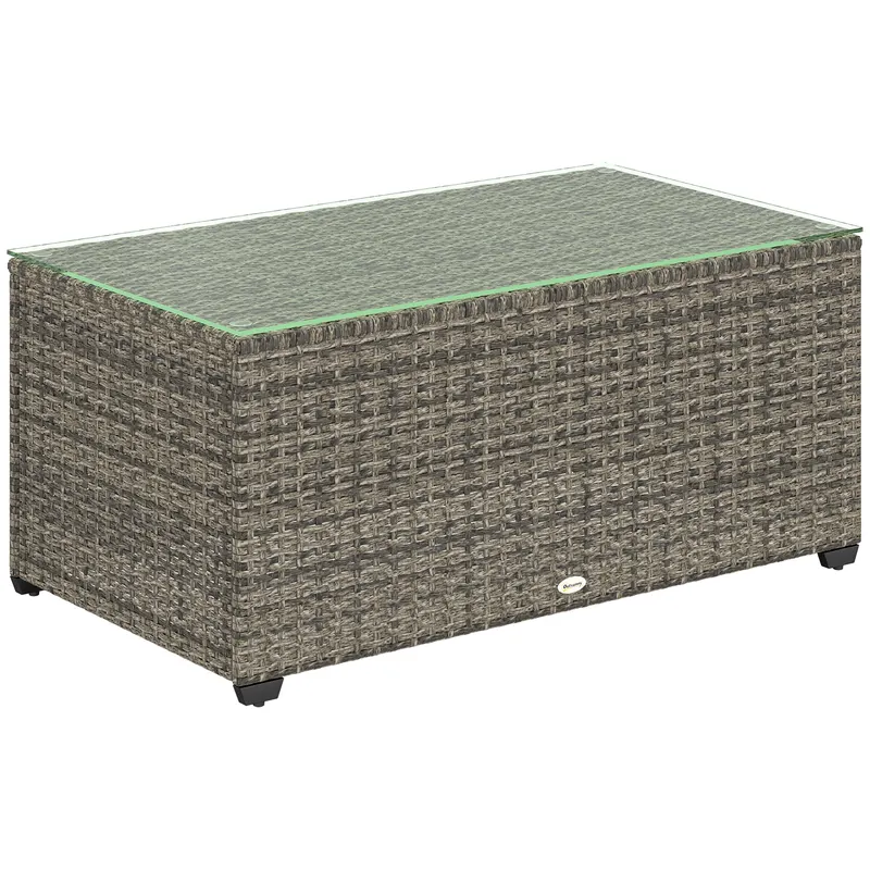 Outsunny Masă de cafea pentru grădină, masă auxiliară din rășină împletită cu blat din sticlă securizată, 90 x 50 x 38 cm, gri închis | Romania