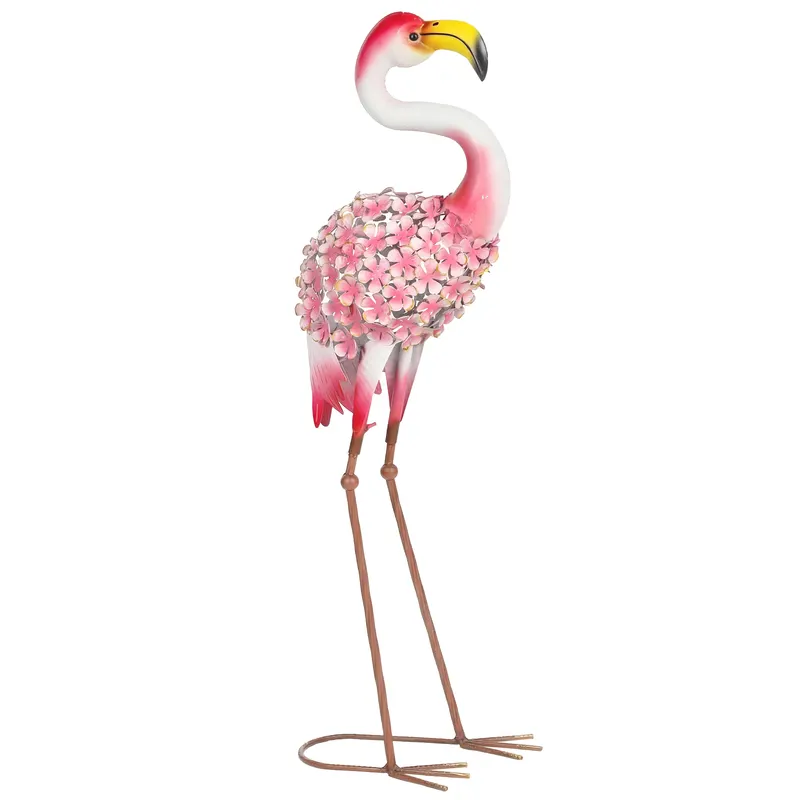 Outsunny Statuie de Grădină Flamingo, Sculptură de Pasăre din Metal cu Pene Florale, 28 x 19 x 83 cm, Roșu | Romania
