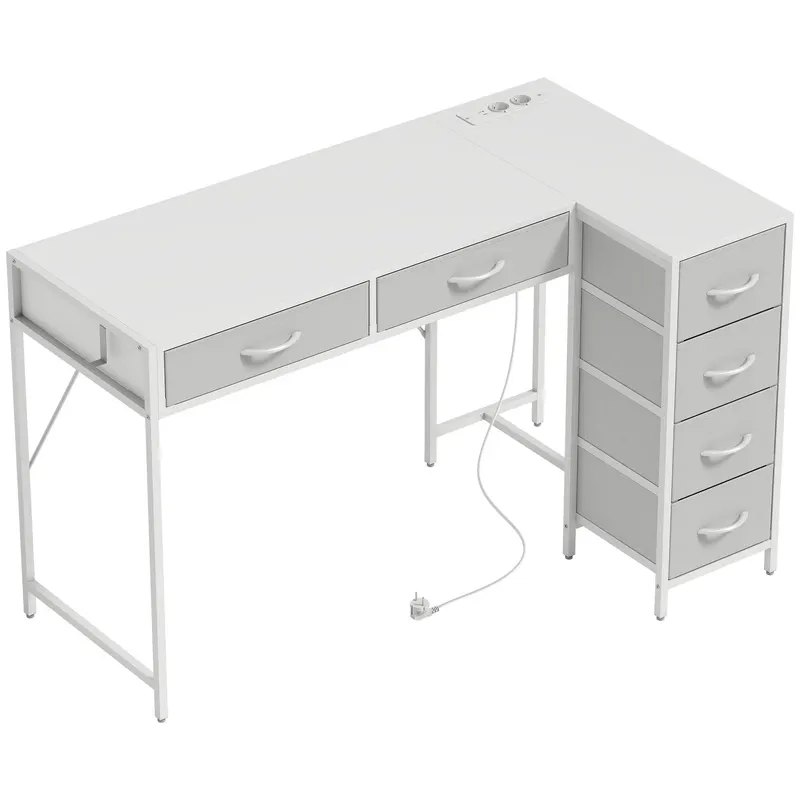 HOMCOM Birou de Colț Reversibil cu Prize și Porturi USB, 126x48 cm, Birou în Formă de L cu 6 Sertare din Material Textil, Cârlig Lateral, pentru Computer, Birou, Cameră, Alb | Romania