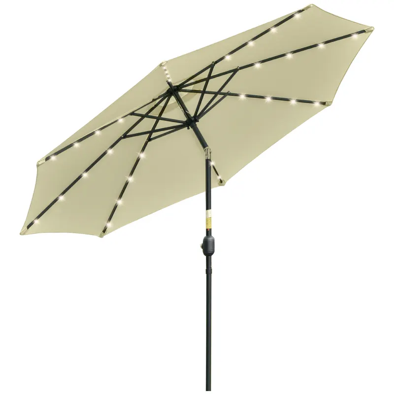 Outsunny Umbrelă de Grădină Inclinabilă Ø265 cm cu 32 Lumini LED Solare și Manivelă, Umbrelă de Exterior cu 8 Spițe, din Oțel, Poliester, pentru Terasă, Curte, Balcon, Bej | Romania